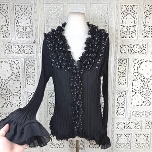 Black Ruffle Beaded Sheer Button Up Blouse Womens 1X Whimsigoth Y2K Fairy